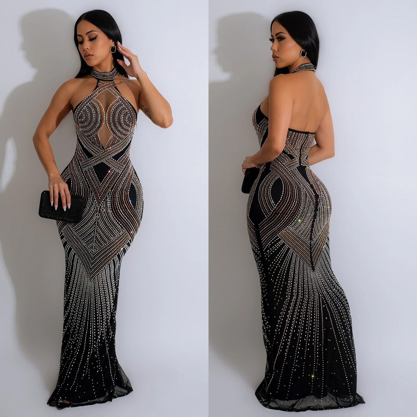 European And American Fashion Women's Wear Pure Color Mesh Hot Rhinestone Halter Maxi Dress