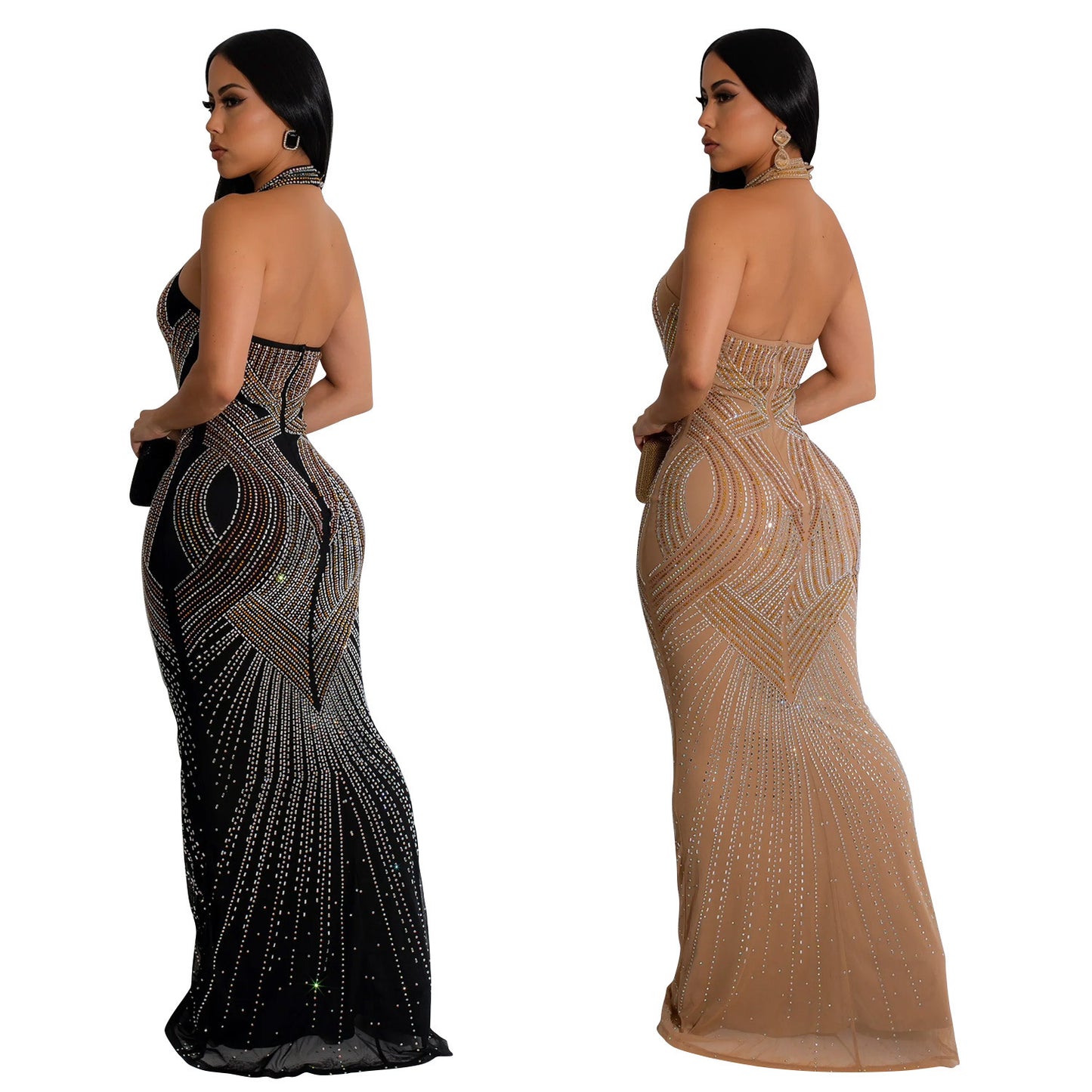 European And American Fashion Women's Wear Pure Color Mesh Hot Rhinestone Halter Maxi Dress