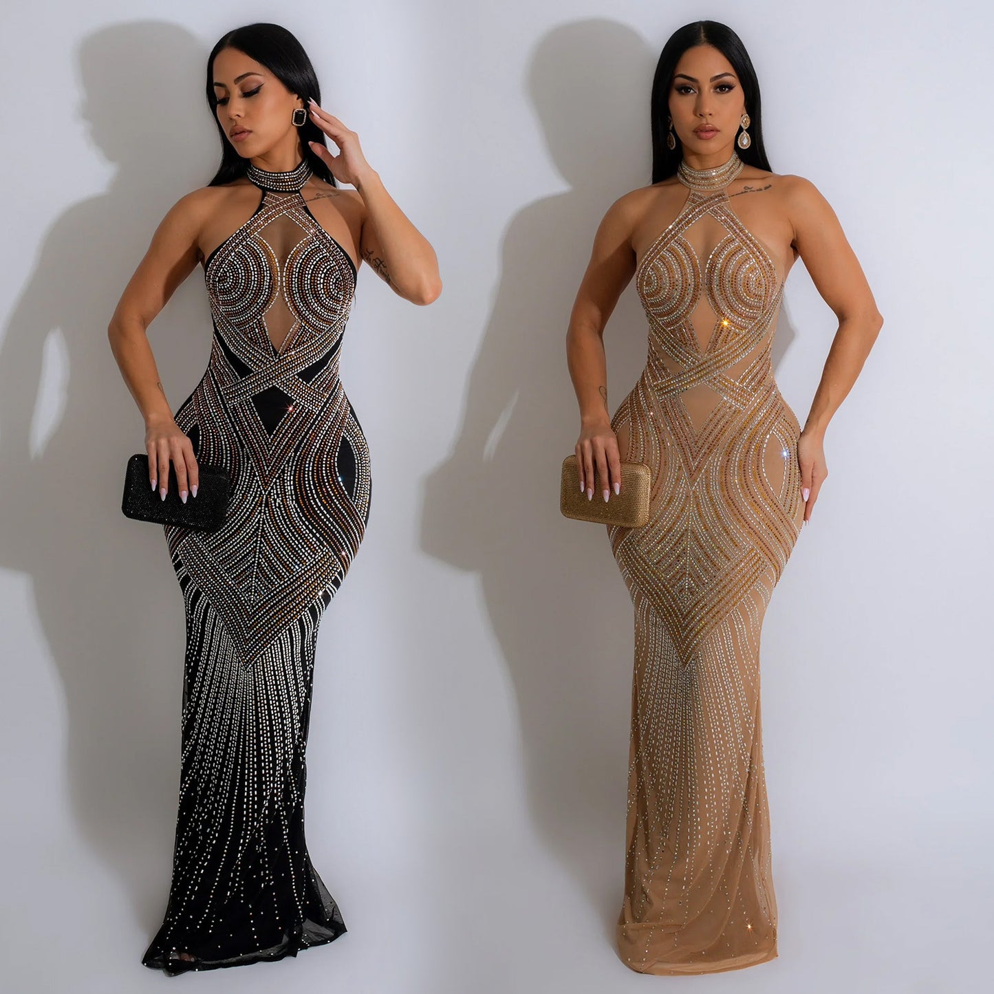 European And American Fashion Women's Wear Pure Color Mesh Hot Rhinestone Halter Maxi Dress