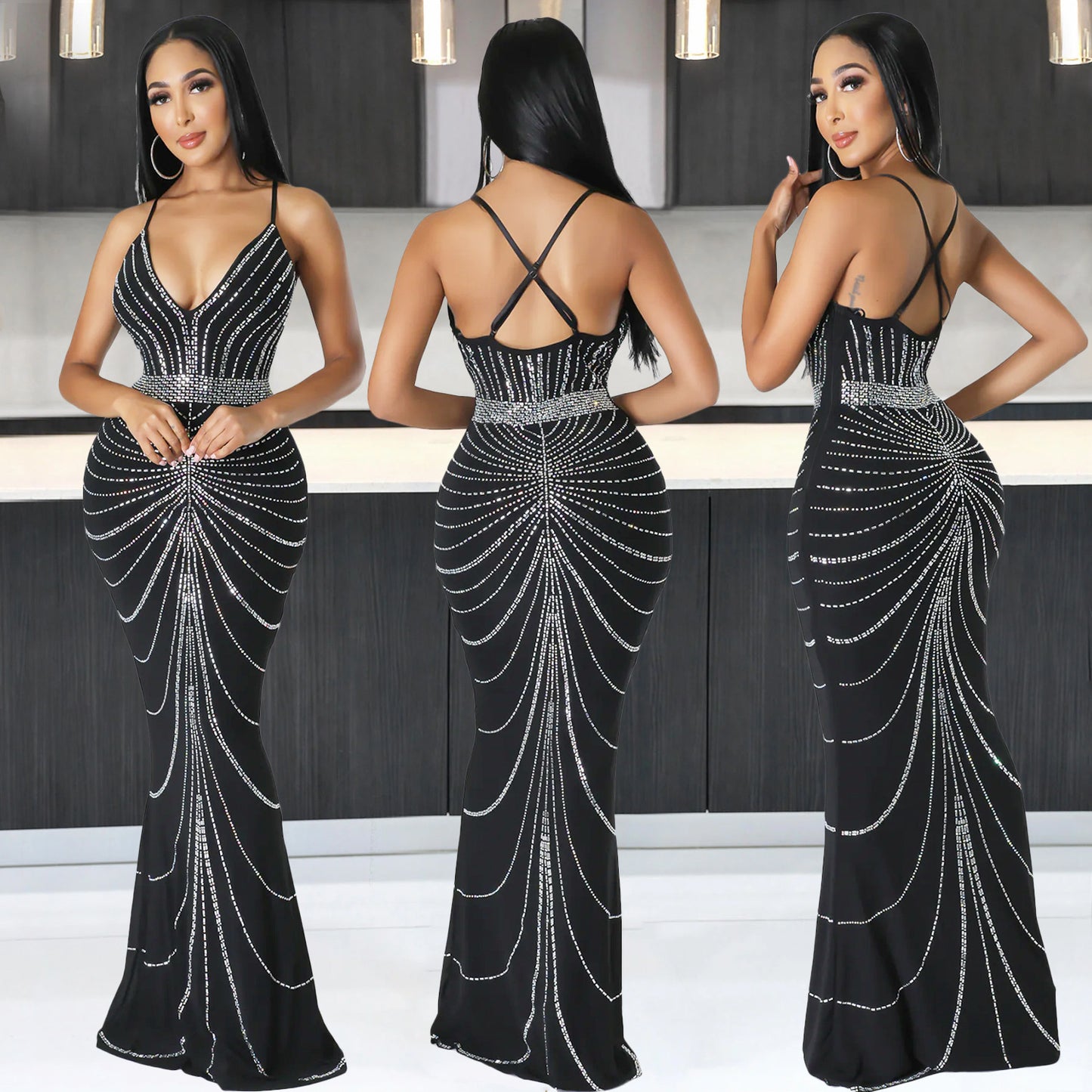 V-neck Rhinestone Nightclub Dress Sling